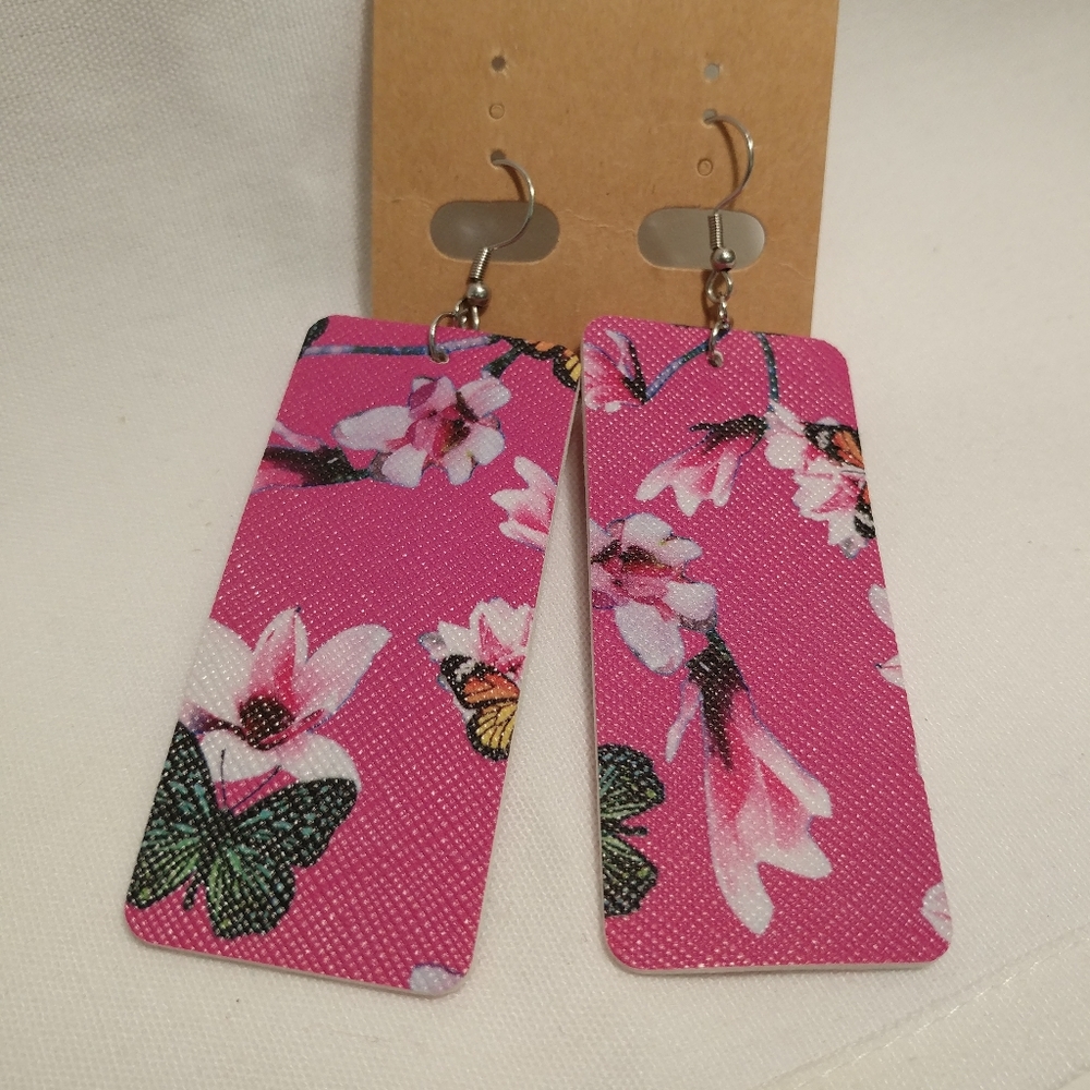 Boho flower print leather earrings